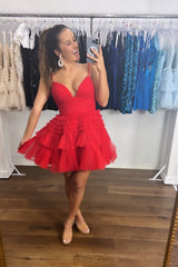 Shiny Straps Blue Tiered Homecoming Dress, A-Line Short Prom Dresses