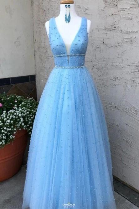 A-Line V-Neck Long Light Blue Prom Dress with Beading