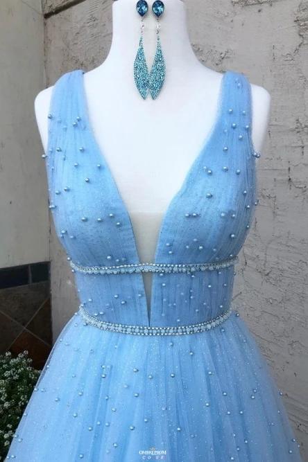 A-Line V-Neck Long Light Blue Prom Dress with Beading