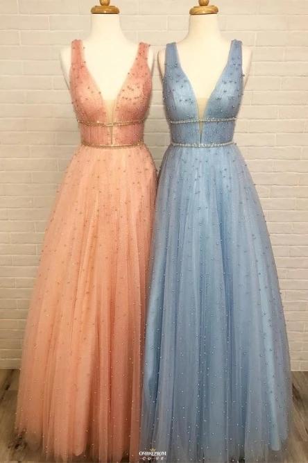 A-Line V-Neck Long Light Blue Prom Dress with Beading