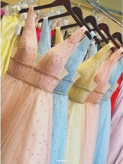 A-Line V-Neck Long Light Blue Prom Dress with Beading