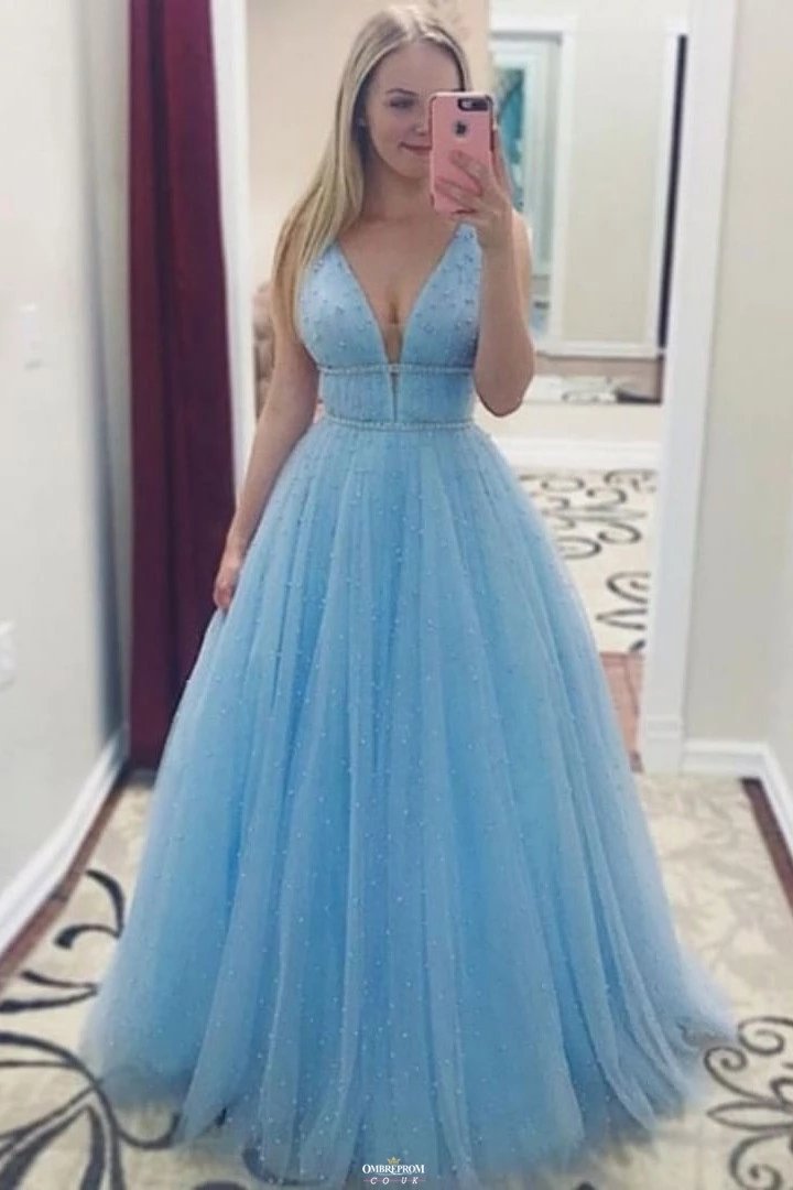 A-Line V-Neck Long Light Blue Prom Dress with Beading
