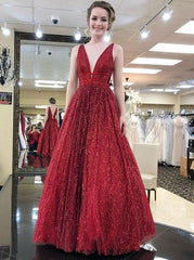 Elegant V-Neck Tulle Sequin Burgundy Long Prom Dress