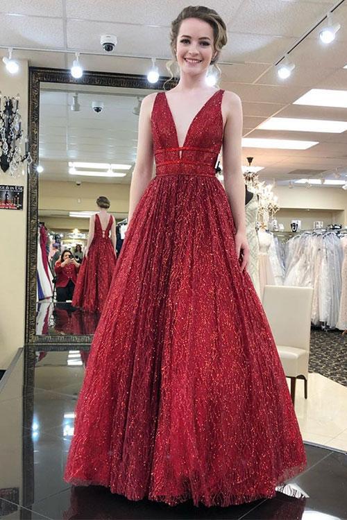 Elegant V-Neck Tulle Sequin Burgundy Long Prom Dress
