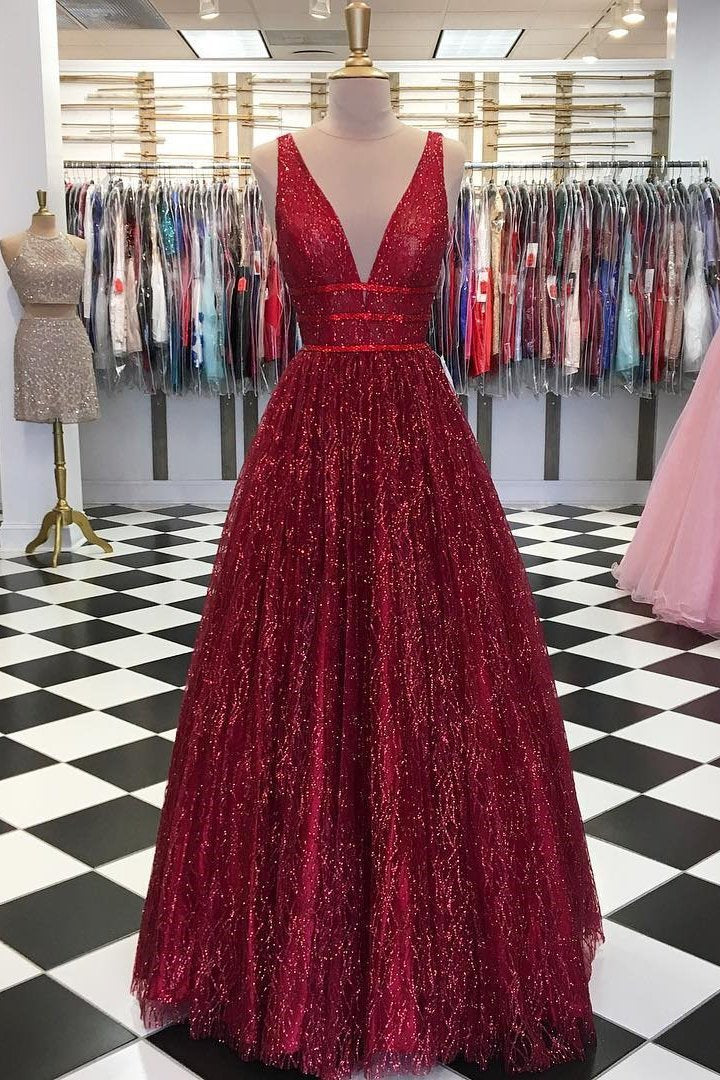 Elegant V-Neck Tulle Sequin Burgundy Long Prom Dress