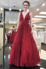 Elegant V-Neck Tulle Sequin Burgundy Long Prom Dress