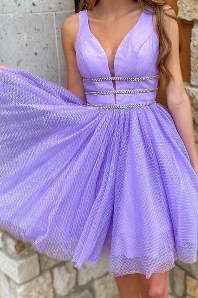 Lavender A-Line V-Neck Short Prom Dresses, Graduation Homecoming Dress with Beading