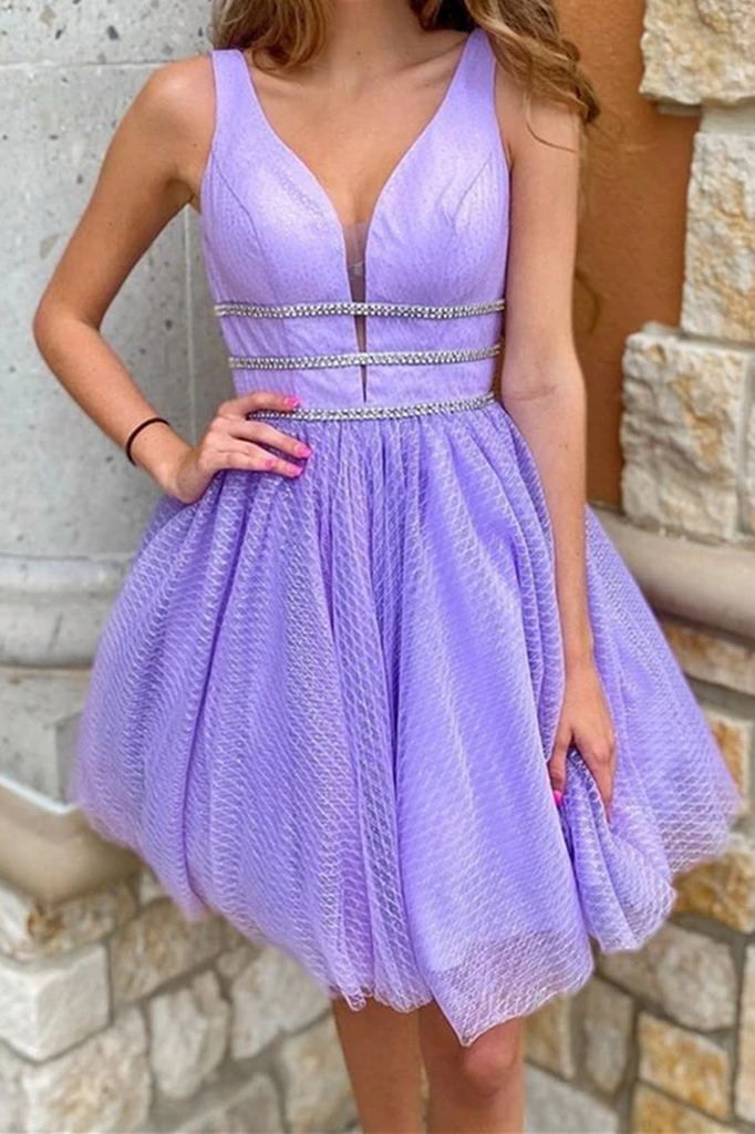 Lavender A-Line V-Neck Short Prom Dresses, Graduation Homecoming Dress with Beading