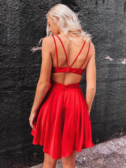 Short V-Neck Satin Red Prom Dress Cut Back Double Straps Cocktail Homecoming Dresses