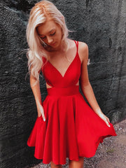 Short V-Neck Satin Red Prom Dress Cut Back Double Straps Cocktail Homecoming Dresses