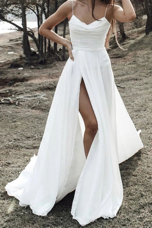 Chiffon Beach Wedding Dresses Simple Spaghetti Straps Ruched with Split