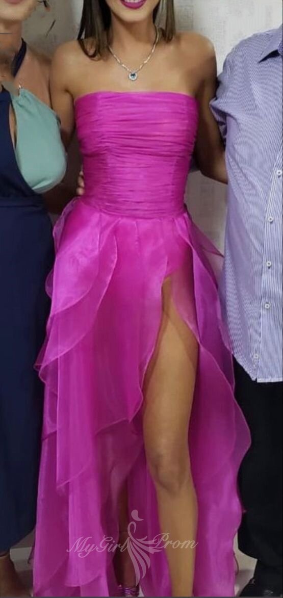 Simple Hot Pink Organza Strapless Prom Dresses, Long Slit Evening Gown