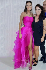 Simple Hot Pink Organza Strapless Prom Dresses, Long Slit Evening Gown