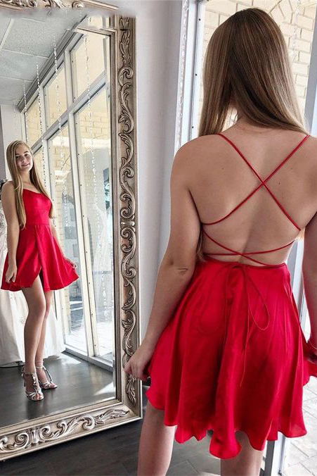 Simple Red Satin Short Prom Dresses Backless Homecoming Dress with Slit
