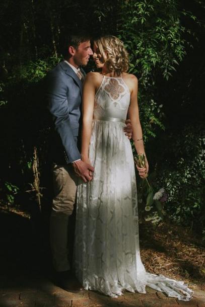 Boho Lace Halter A-Line Beach Wedding Dress