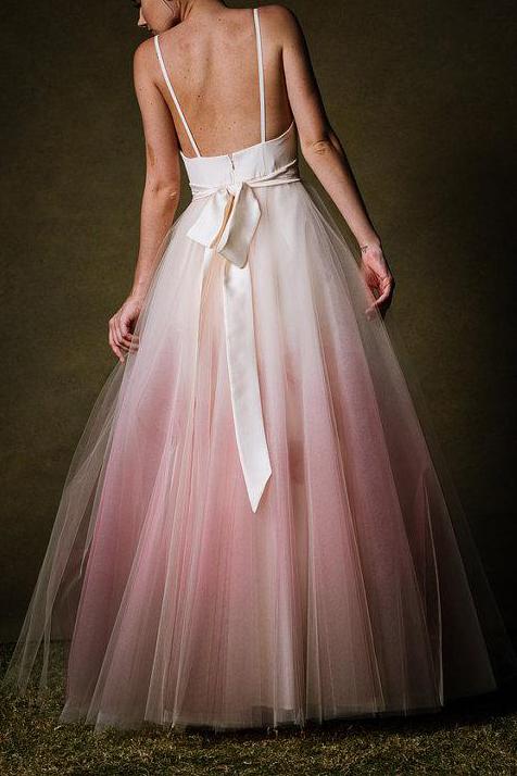 A-Line Ombre Prom Dress, Low Back Simple Long Evening Gown
