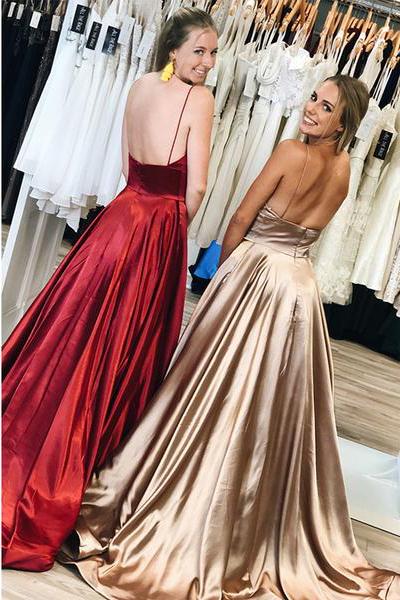 Spaghetti-Straps Simple Long Prom Dresses, Backless Evening Gowns