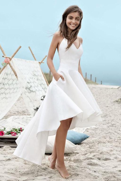 Backless High-Low Simple Beach Wedding Dress with Pocket