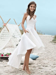 Backless High-Low Simple Beach Wedding Dress with Pocket