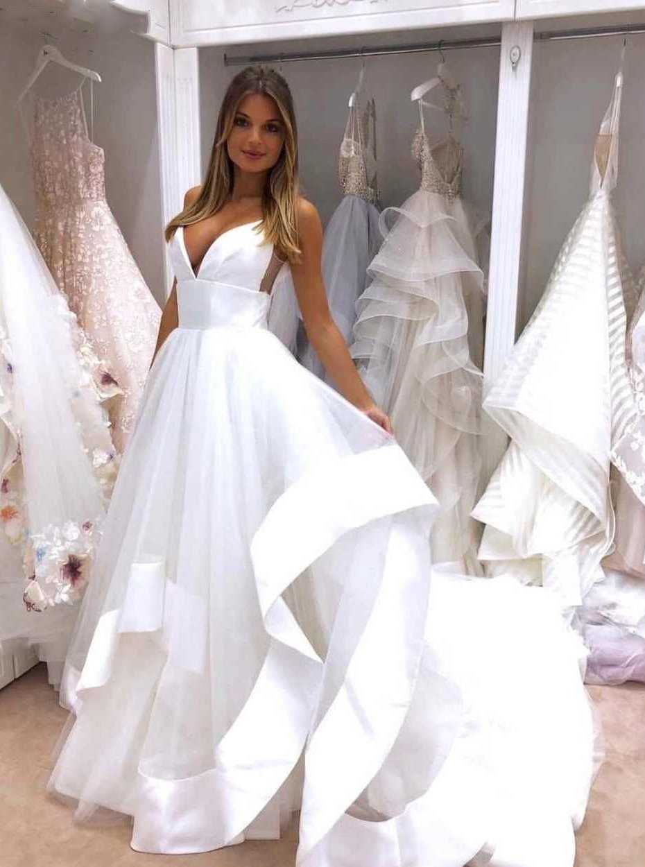 A-Line Simple Wedding Dress Backless Bridal Gown with Deep V-Neck