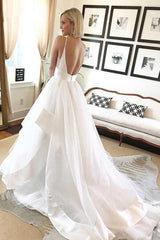 A-Line Simple Wedding Dress Backless Bridal Gown with Deep V-Neck