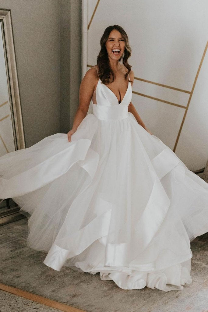 A-Line Simple Wedding Dress Backless Bridal Gown with Deep V-Neck