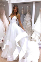 A-Line Simple Wedding Dress Backless Bridal Gown with Deep V-Neck