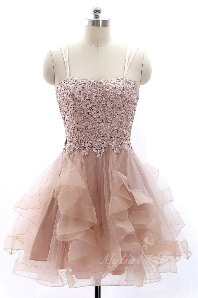 Spaghetti Lace Pink Homecoming Dresses Tulle Short Party Formal Dress