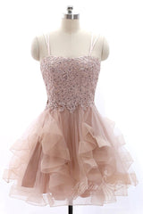 Spaghetti Lace Pink Homecoming Dresses Tulle Short Party Formal Dress