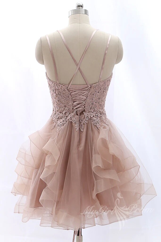 Spaghetti Lace Pink Homecoming Dresses Tulle Short Party Formal Dress
