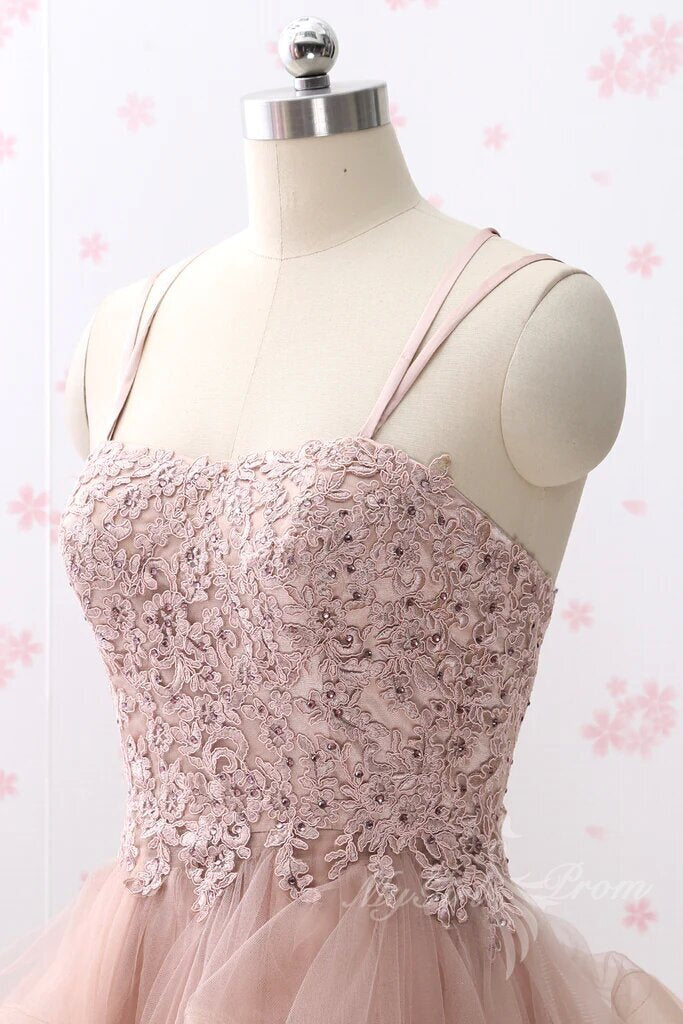 Spaghetti Lace Pink Homecoming Dresses Tulle Short Party Formal Dress