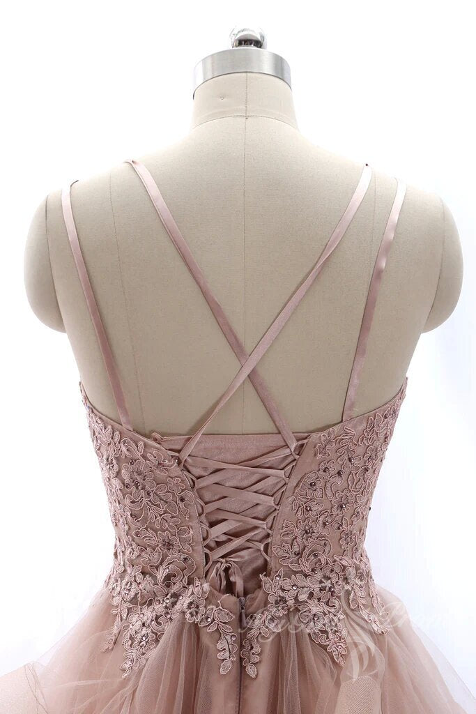 Spaghetti Lace Pink Homecoming Dresses Tulle Short Party Formal Dress