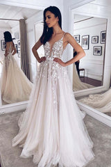 A-Line Tulle V-Back Boho Wedding Dress with Applique Gown