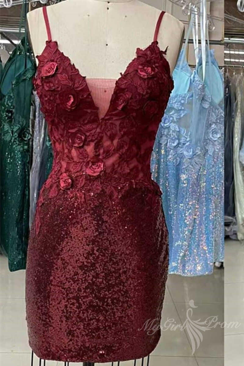 Spaghetti Straps Burgundy Sequins Tight Homecoming Dresses with Applique