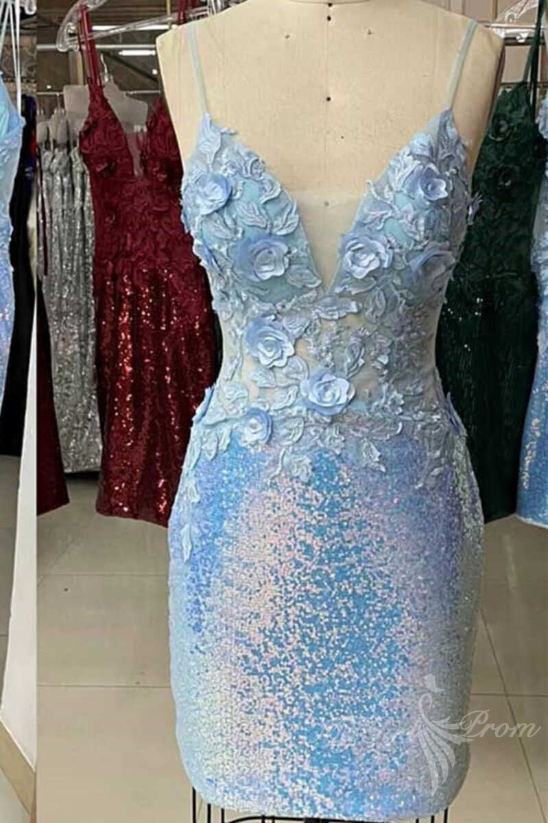 Spaghetti Straps Burgundy Sequins Tight Homecoming Dresses with Applique