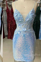 Spaghetti Straps Burgundy Sequins Tight Homecoming Dresses with Applique