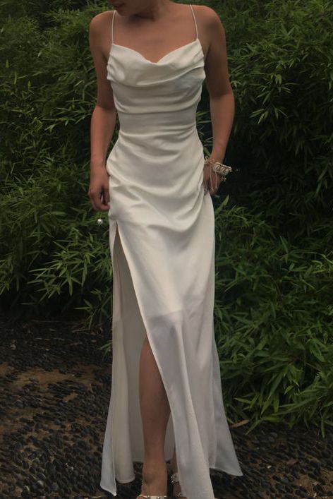 Spaghetti Straps Simple Long Prom Dresses with Split, Slit Evening Gowns