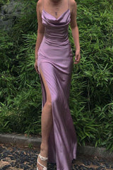 Spaghetti Straps Simple Long Prom Dresses with Split, Slit Evening Gowns