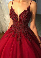 Burgundy V-neck Spaghetti Strap Ball Gown Prom Dress