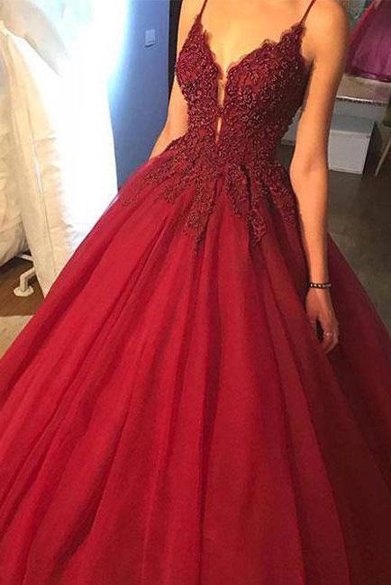 Burgundy V-neck Spaghetti Strap Ball Gown Prom Dress