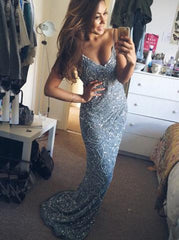 Spaghetti Straps Long Beading Mermaid Backless Prom Dresses