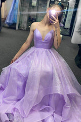 Sparkle Lavender Tiered Long Prom Dresses, Shiny Long Graduation Gown