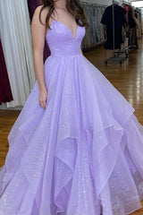 Sparkle Lavender Tiered Long Prom Dresses, Shiny Long Graduation Gown