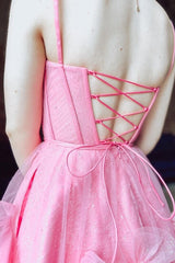 Sparkly A-Line Corset Bodice Tulle Short Homecoming Dresses, Pink Sweet 16 Dress