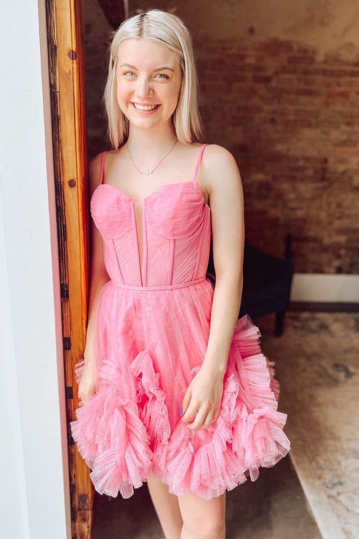 Sparkly A-Line Corset Bodice Tulle Short Homecoming Dresses, Pink Sweet 16 Dress