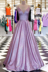 Sparkly Light Purple Prom Dresses Spaghetti Straps V-Neck Glitter Evening Gown with Pockets