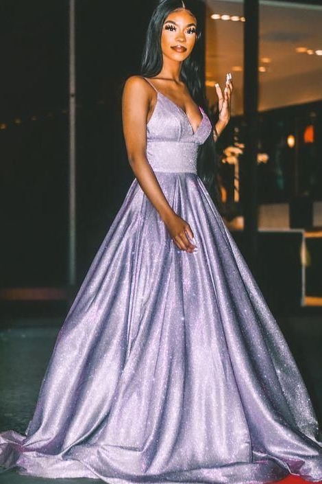 Sparkly Light Purple Prom Dresses Spaghetti Straps V-Neck Glitter Evening Gown with Pockets