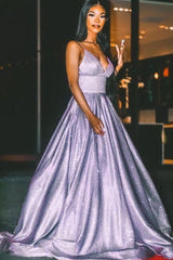Sparkly Light Purple Prom Dresses Spaghetti Straps V-Neck Glitter Evening Gown with Pockets