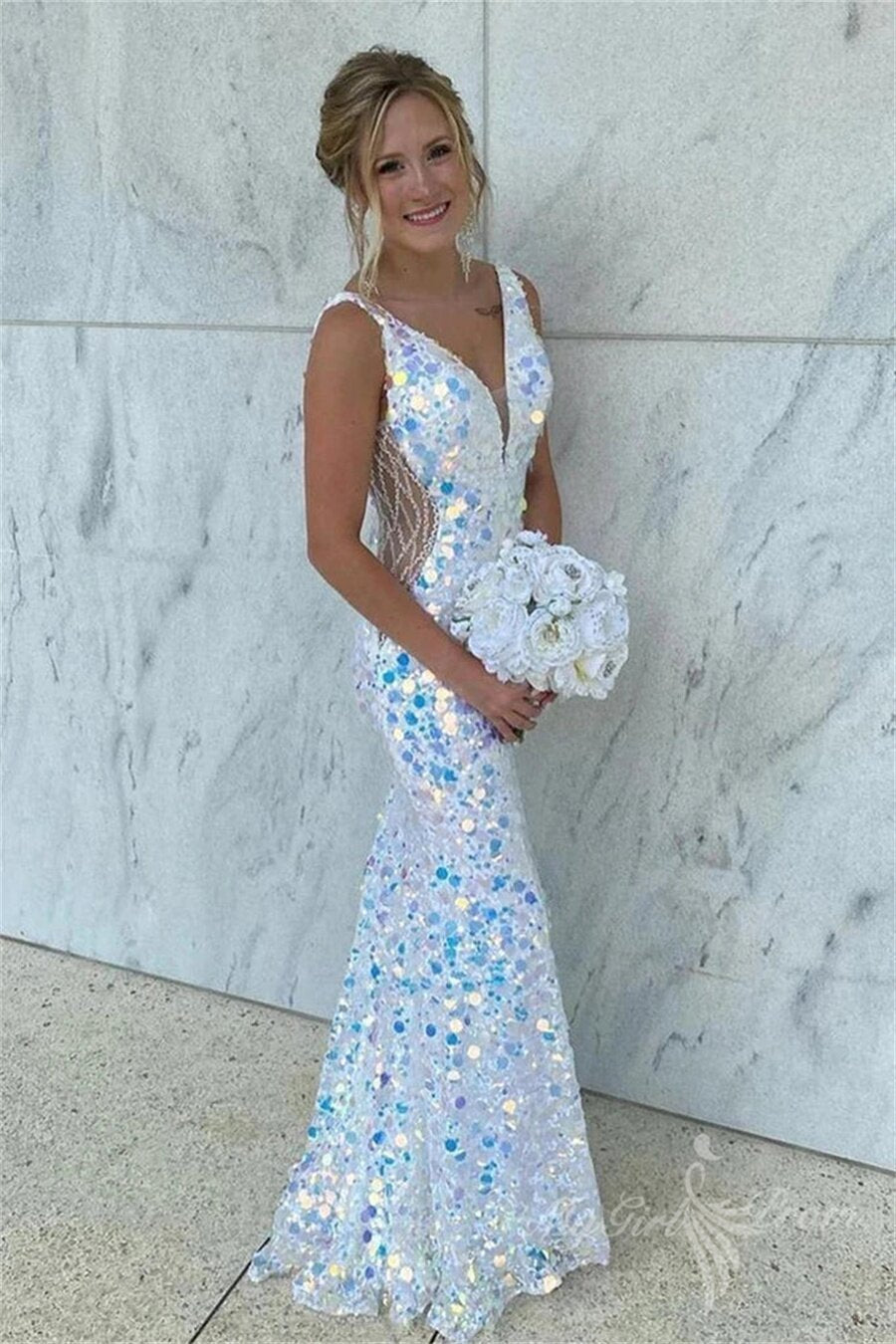 Mermaid V-Neck Sparkly Sequins Long Formal Prom Dresses