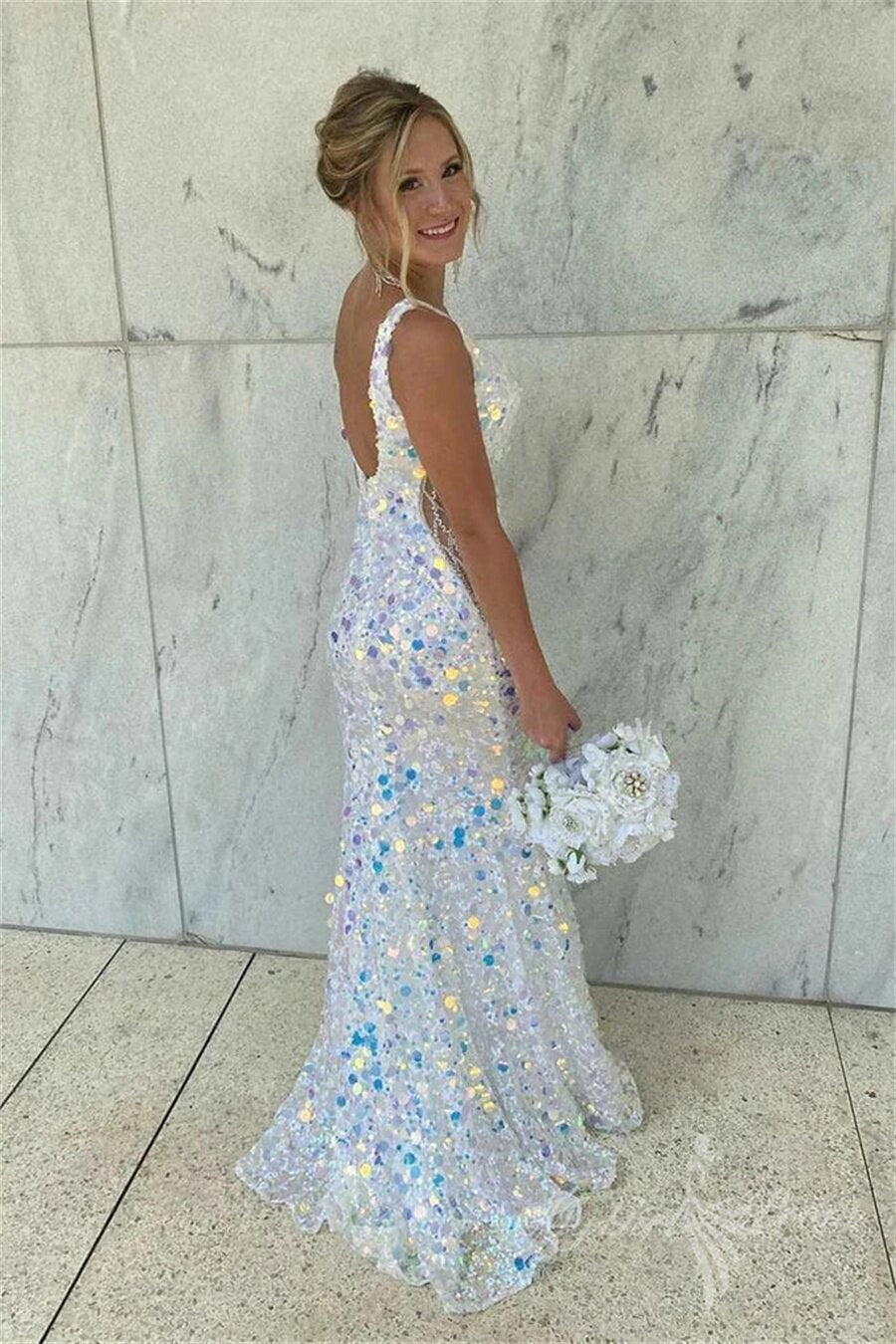 Mermaid V-Neck Sparkly Sequins Long Formal Prom Dresses